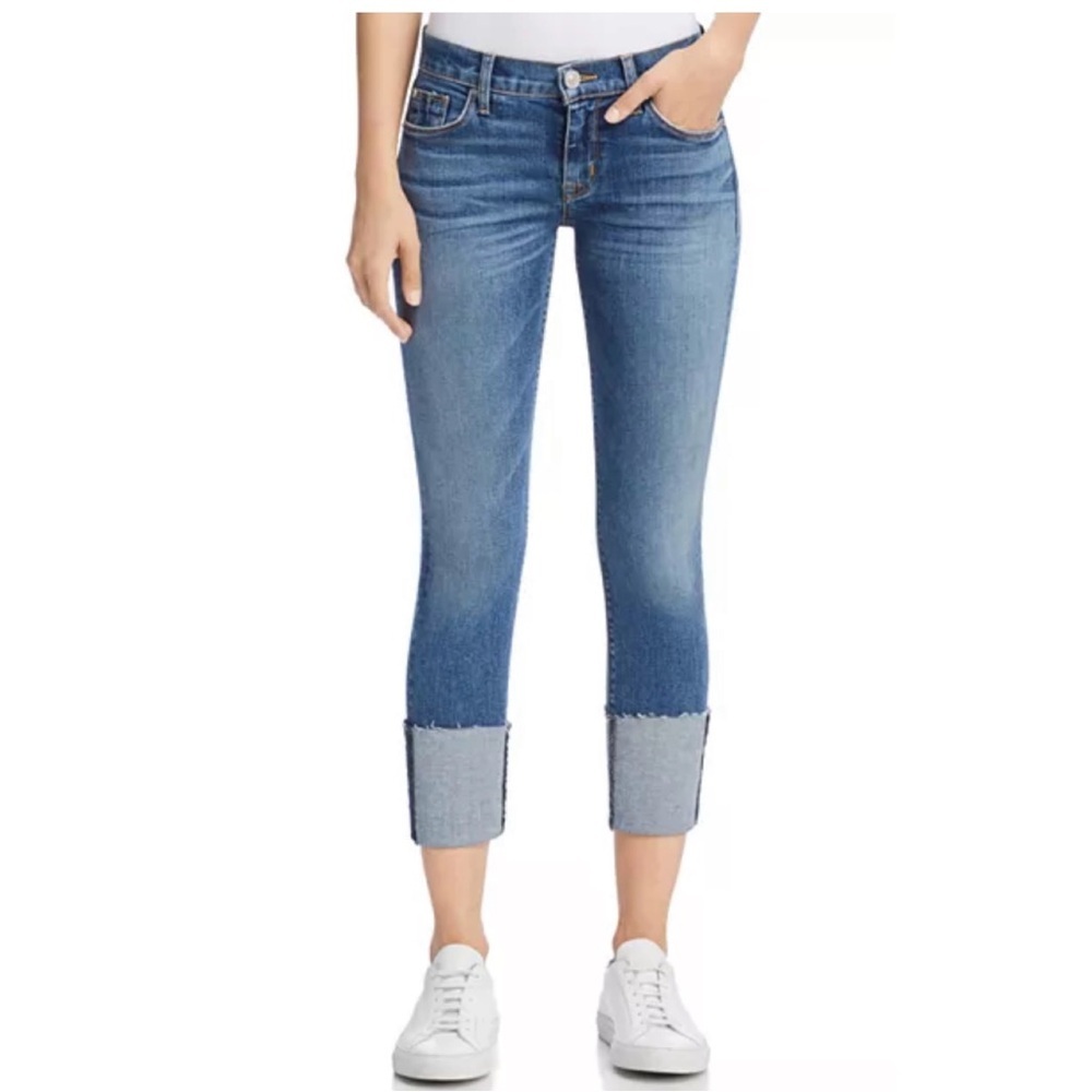 Hudson Wide Cuff Distressed Fringe Hem Medium Wash Cropped Skinny Jeans 29